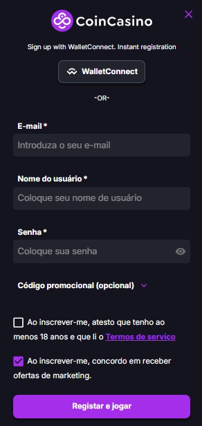 Para preencher o formul&aacute;rio de inscri&ccedil;&atilde;o no CoinCasino &eacute; bem r&aacute;pido